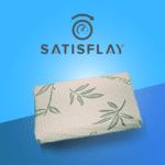 Satisflay logo above ergonomic latex pillow with green leaf-patterned bamboo cover