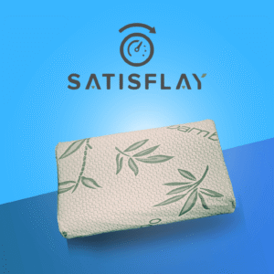 Satisflay logo above ergonomic latex pillow with green leaf-patterned bamboo cover